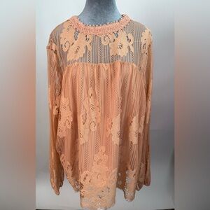 Xhilaration Peach Lace Tunic Blouse XXL Sheer Boho Romantic